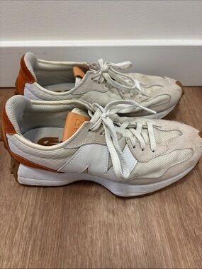 New Balance White & Orange Suede Accent Sneakers